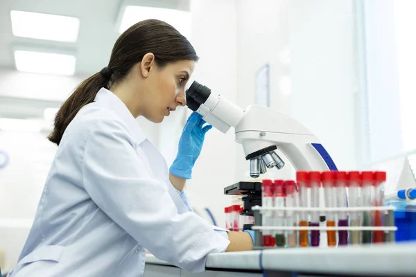 Skoncentrowany mikrobiolog brunetka pracujący z wyposażeniem laboratoryjnym — Zdjęcie stockowe