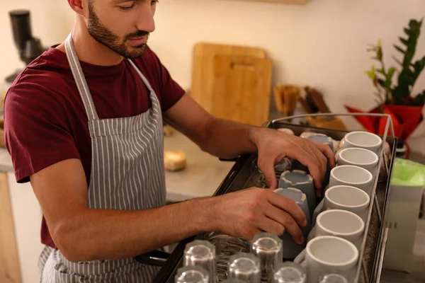 Handsome Barista sätta koppar på kaffebryggare — Stockfoto