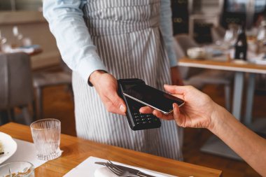 Restoranda sipariş vermek için cep telefonu kullanan genç bayan.