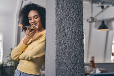 Memnun iş kadını akıllı telefonuyla konuşuyor.