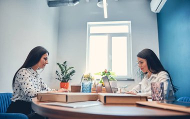 Bayanlar ofiste otururken iş için yeni fikirler üzerinde çalışıyorlar.