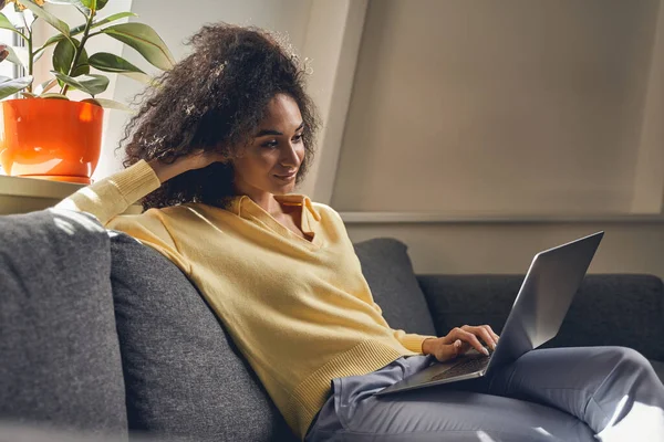 Smiling lady staring at her laptop screen — ストック写真