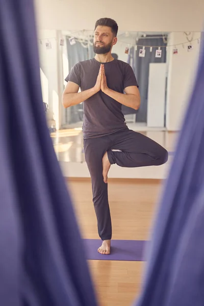 Skäggig ung man gör yoga träd pose — Stockfoto