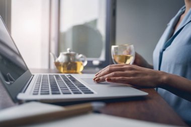 Evde modern defter kullanan genç bir kadın.