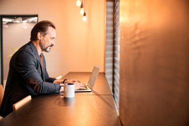 Profesyonel gazeteci dizüstü bilgisayarda yazı yazıyor