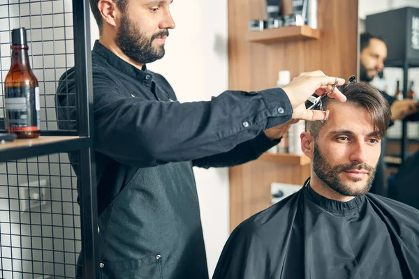 Zbliżenie uważnego fryzjera pracującego z przyjemnością — Zdjęcie stockowe