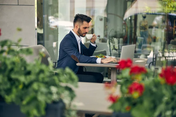 Persona masculina atenta mirando fijamente la pantalla del ordenador portátil —  Fotos de Stock