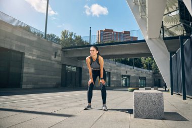 Çekici genç esmer kadın koşuya hazırlanıyor.