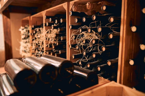 Prateleiras de madeira com garrafas de vinho na sala de armazenamento — Fotografia de Stock