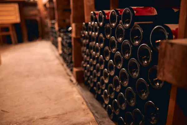 Garrafas de vinho armazenadas na adega — Fotografia de Stock