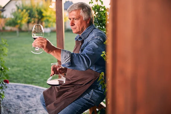 Szakmai sommelier nézi a bor szabadban a pincészet — Stock Fotó