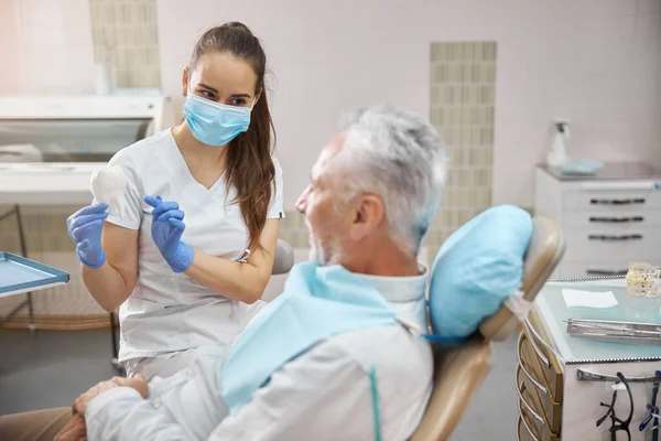 Pracownik kliniki stomatologicznej demonstrujący model zęba — Zdjęcie stockowe