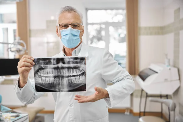 Experto dental de edad avanzada sosteniendo una gran imagen de rayos X — Foto de Stock