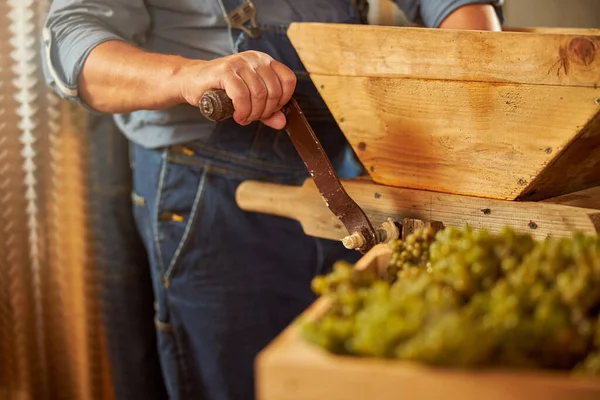 Viticoltore che utilizza un frantoio per estrarre il succo — Foto Stock