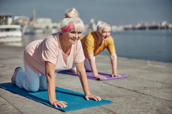 Joyeux couple marié âgé actif faisant de l'exercice à l'extérieur — Photo