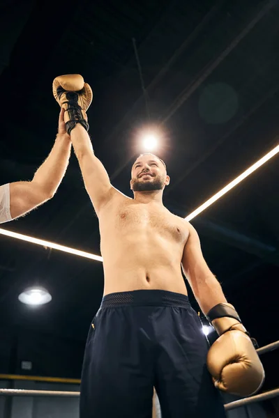 Luchador agradable de pie en el ring levantando su brazo —  Fotos de Stock