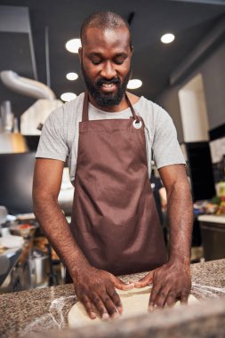 Neşeli genç adam kafede pizza yapıyor.