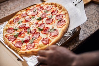 Erkek eller pepperonili pizzayı karton kutuya koyuyor.