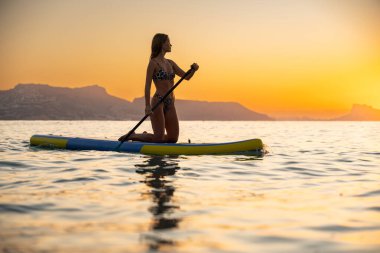 A young woman enjoys paddleboarding in the calm ocean during a stunning sunset. The peaceful atmosphere creates a sense of tranquility and connection with nature.