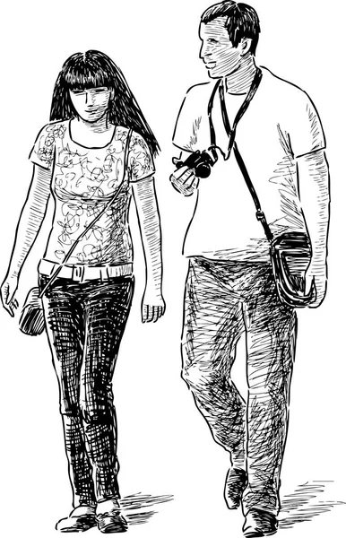 観光客のカップルが散歩に行く — ストックベクタ