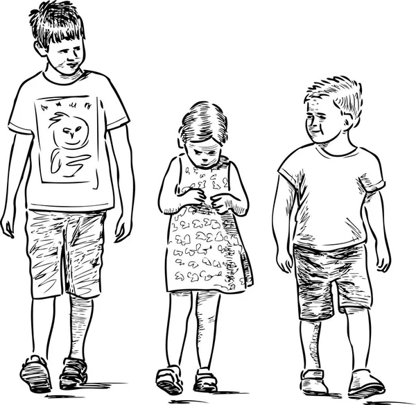 Skizze Der Kleinen Geschwister Beim Spazierengehen — Stockvektor