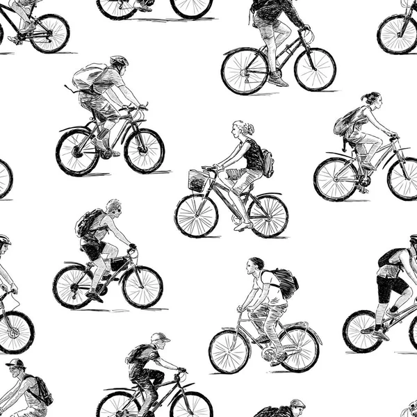 Seamless Background Sketches Young Cyclists — Stock Vector