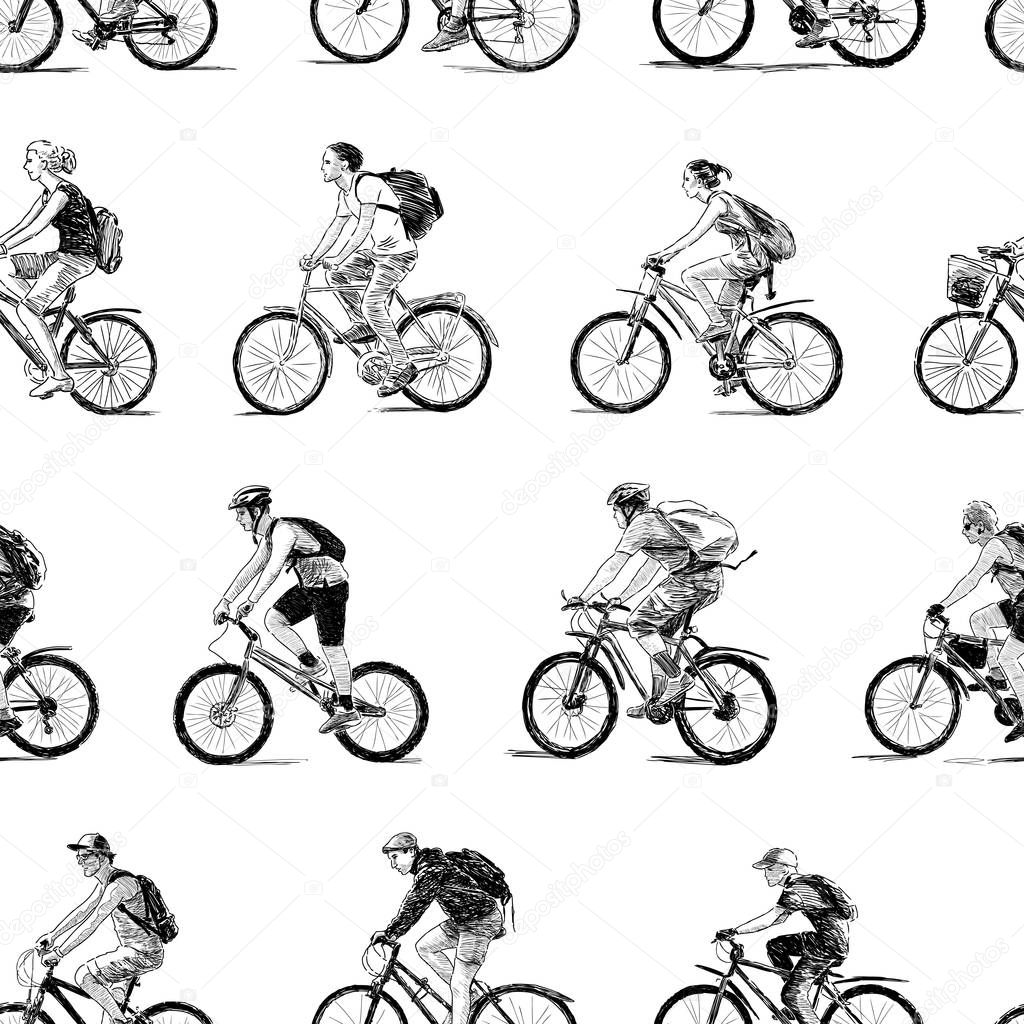 Vector pattern of the sketches of young cyclists