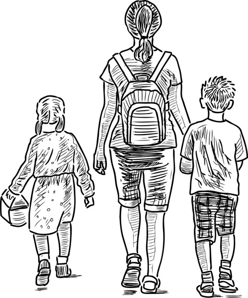 Een Moeder Haar Kinderen Gaan Een Wandeling — Stockvector