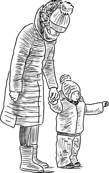 一个母亲的素描与她的孩子在散步 — 图库矢量图片