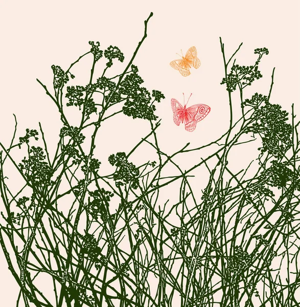 Silhouetten Von Schmetterlingen Fliegen Wildblumen — Stockvektor