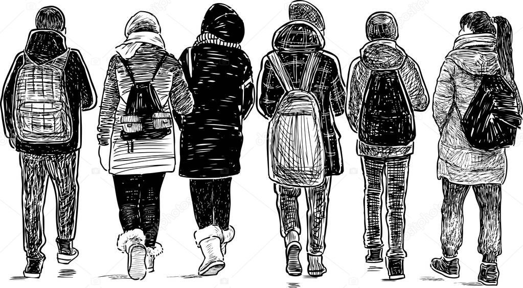 Sketch of school friends going home