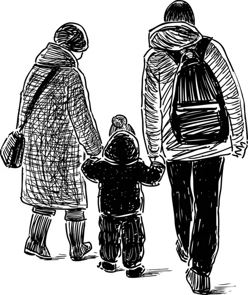 Croquis Une Famille Promenade — Image vectorielle
