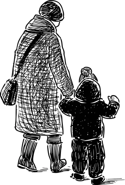 祖母和她的孙子散步的素描 — 图库矢量图片