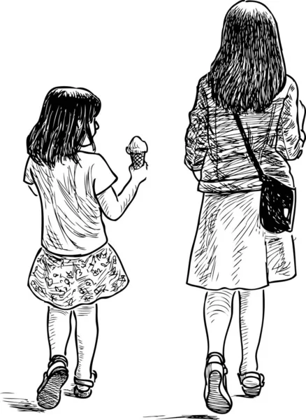 Två Små Flickor Som Går Promenad — Stock vektor