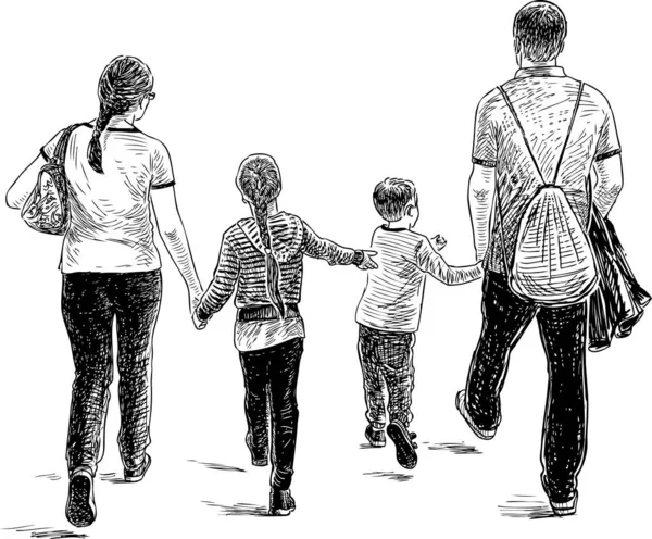 Sketch Family Citizens Going Stroll — Stock Vector