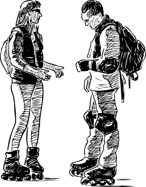 几个市民在溜冰鞋上站立和交谈的草图 — 图库矢量图片