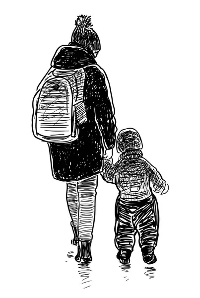 一个年轻的母亲与她的孩子去散步的素描 — 图库矢量图片