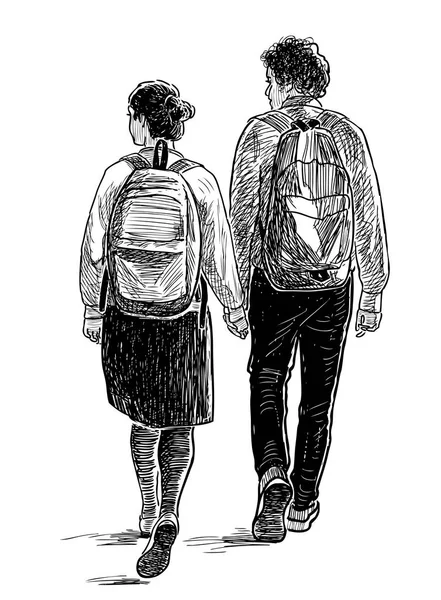Skizze Eines Studentenpaares Bei Einem Spaziergang — Stockvektor