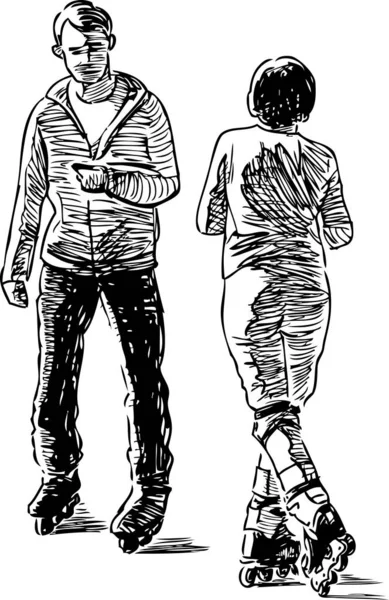 一对城镇居民在溜冰鞋上停下来谈的素描 — 图库矢量图片