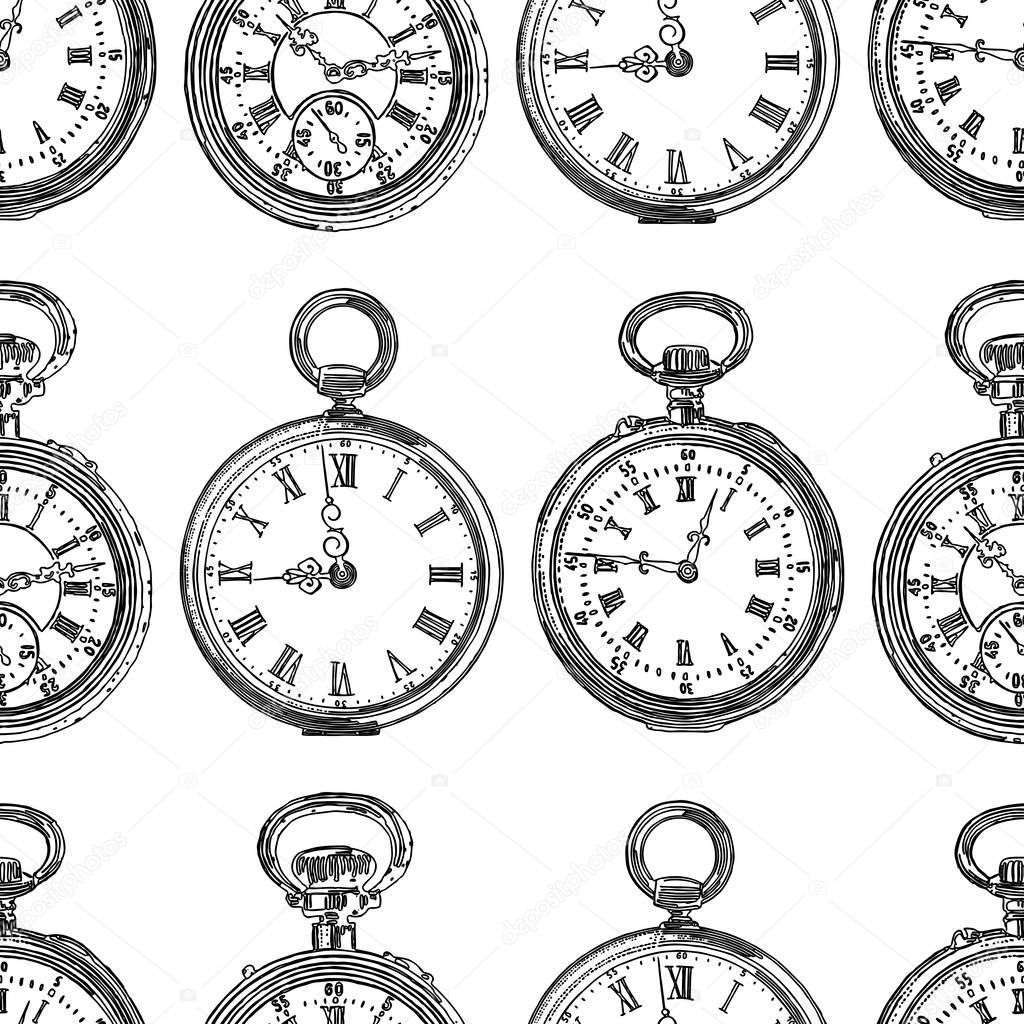 Seamless pattern of outlines of old pocket watches