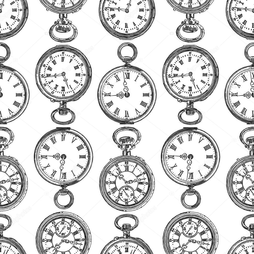 Seamless pattern of various drawn pocket watches