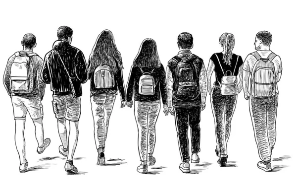 Schița Unui Grup Studenți Prieteni Mergând Stradă — Vector de stoc