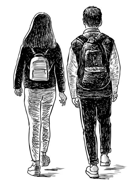 Эскиз Пары Студентов Идущих Прогулку — стоковый вектор