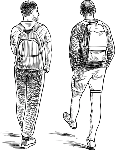 Рисунок Двух Студентов Идущих Улице — стоковый вектор