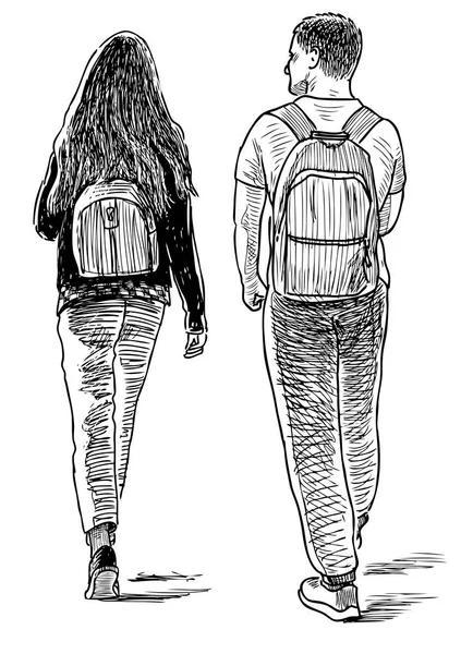Sketch Couple Students Going Stroll Royalty Free Stock Vectors