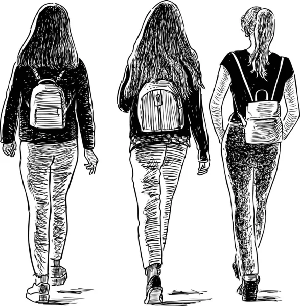 Sketch Teens Girls Walking Street Stock Illustration