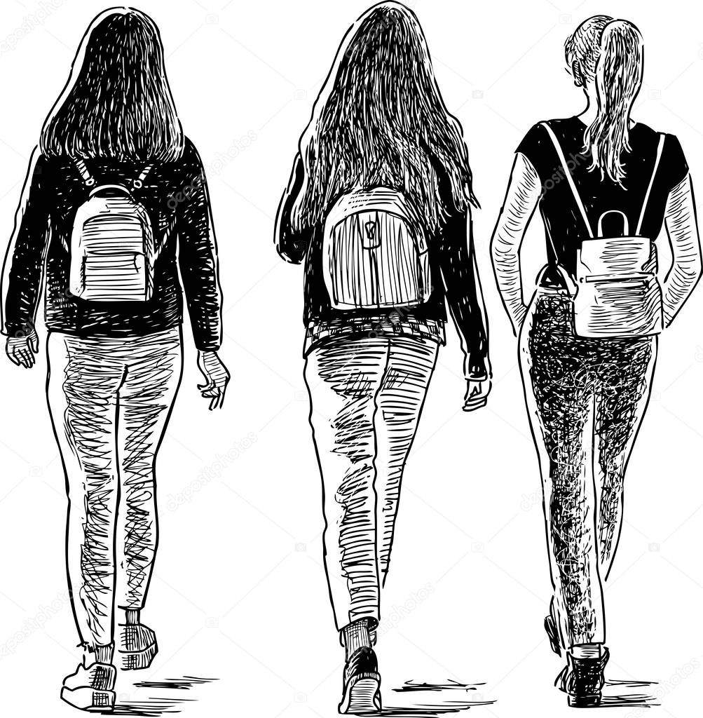 Sketch of the teens girls walking down the street