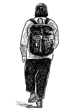 Sokaktan aşağı giden sıradan bir şehir sakininin çizimi