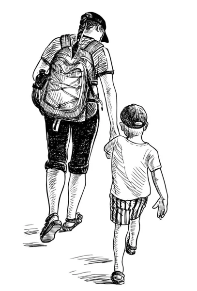 Eine Junge Frau Mit Rucksack Und Ihrem Kleinen Sohn Beim — Stockvektor