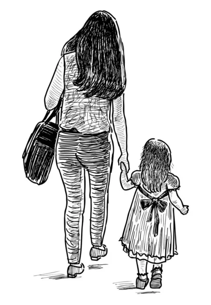 Ескіз Мами Своєю Маленькою Донькою Йде Прогулянку — стоковий вектор